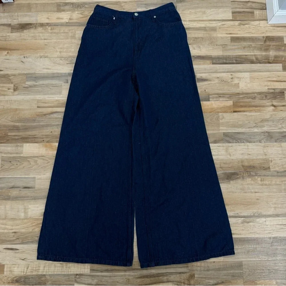NWOT Free People We the Free Jeans Wide Leg High Waist 31 Dark Denim Linen Blend - Picture 3 of 10